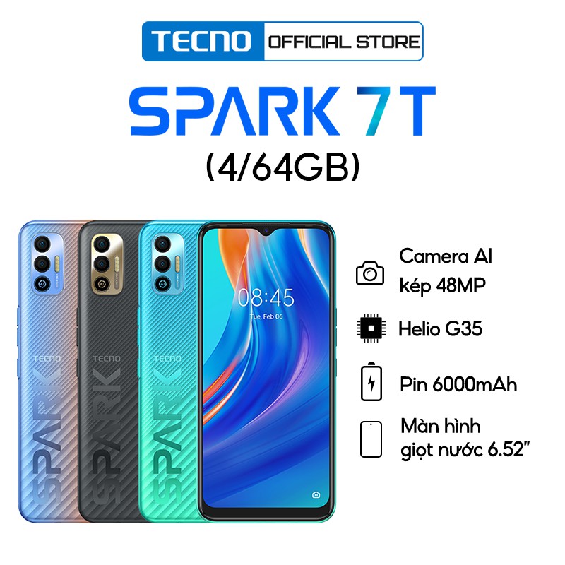 Điện thoại TECNO SPARK 7T | 4GB/64GB | Pin 6000 maH | Camera kép 48MP | HÀNG CHÍNH HÃNG