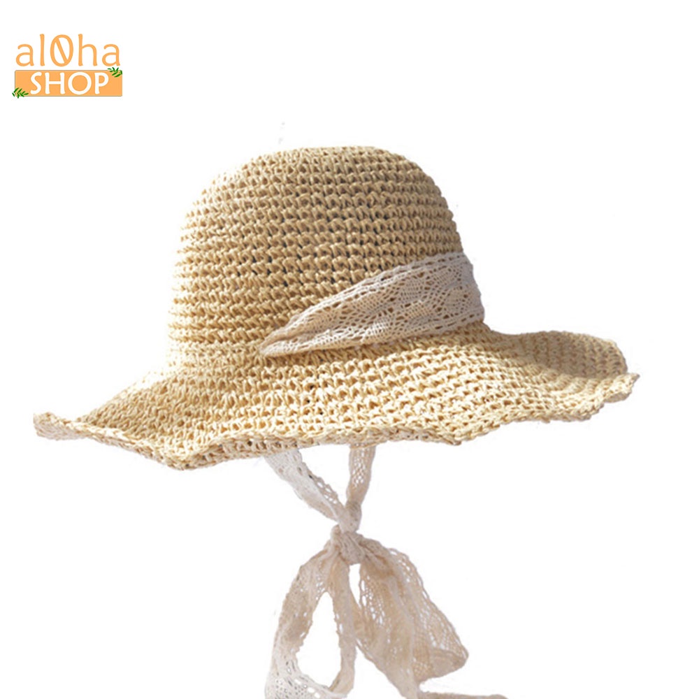 Mũ cói mềm dây ren buộc cổ - nón cói vành to chống nắng, đi biển phong cách - al0ha Shop