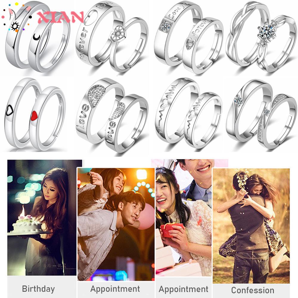 1 cặp nhẫn đôi mạ bạc hình trái tim có thể điều chỉnh kích thước cho nam nữ