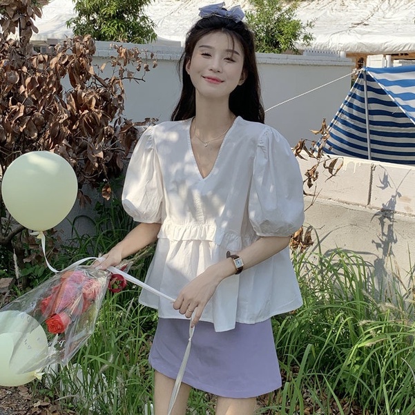 Áo Sơ Mi Tay Ngắn Phồng Cổ Chữ V Thời Trang Dành Cho Nữ