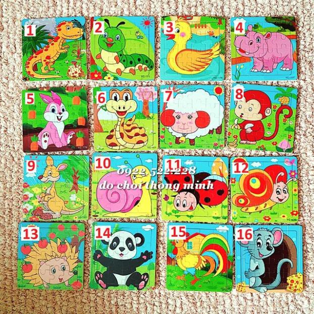 Ghép hình puzzle 16 miếng (16 mảnh) gỗ CÓ KHUNG NỀN MẪU cho bé ghép theo