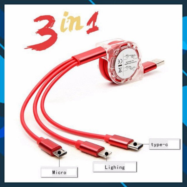 [ Tặng Giá Đỡ Điện Thoại ] Dây Sạc Điện Thoại 3 Đầu Kéo Rút Tiện Lợi Dây Sạc Iphone Android Type C Sạc Nhanh