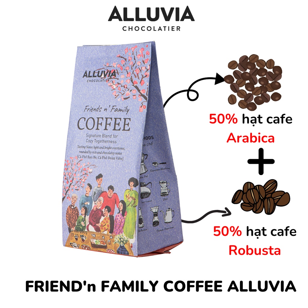 Cà phê nguyên chất rang mộc Alluvia Friend N' Family rang xay gói 200 gram không chất bảo quản hương vị đậm đà