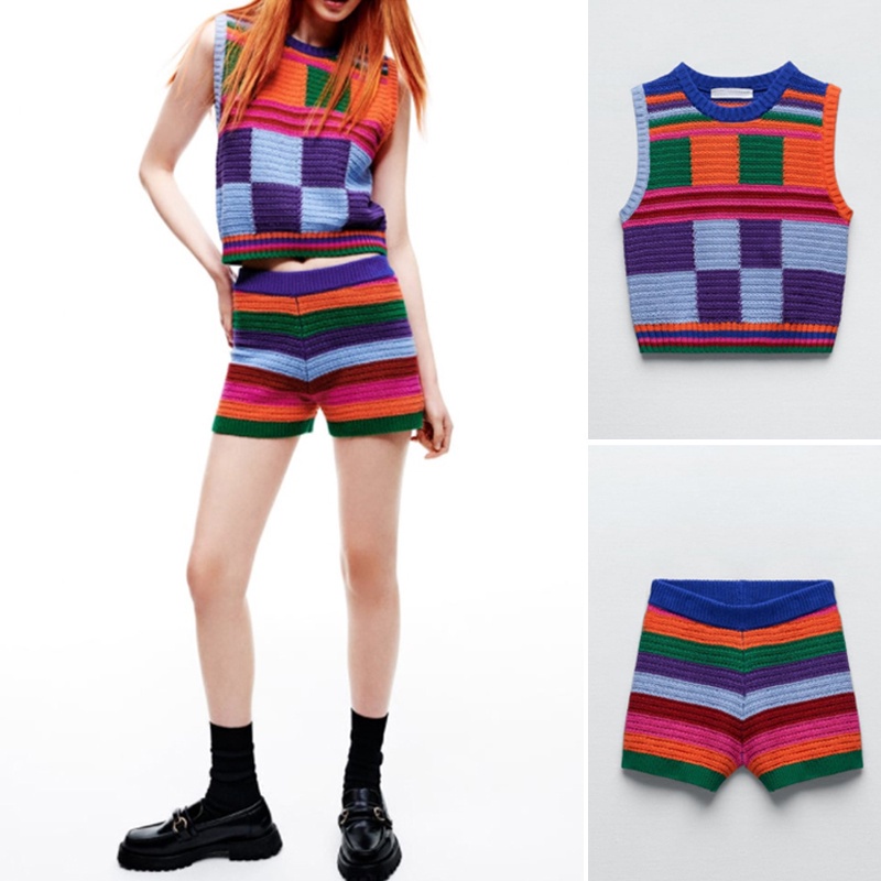 Zara Bộ Áo Dệt Kim Sát Nách Sọc Ca Rô + Quần Short Dệt Kim Thời Trang Mù 0021005 0021006