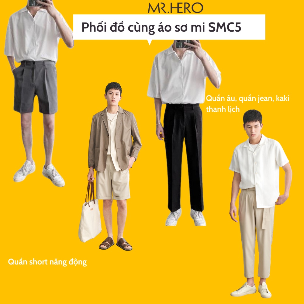 Áo sơ mi nam tay ngắn cổ vest hiện đại vải lụa mềm mát SMC5 M.RO 3 màu đen, trắng, be