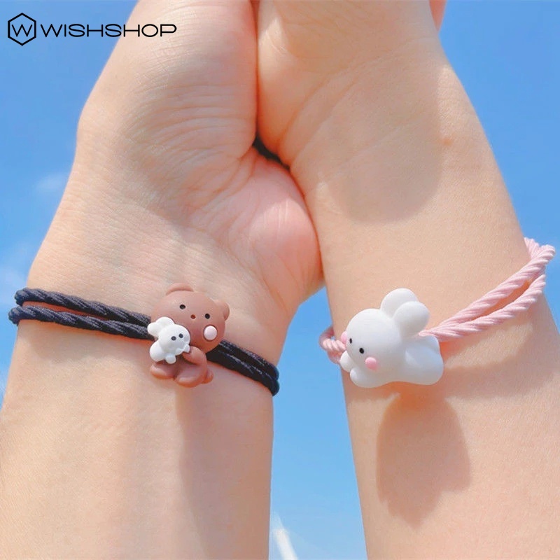 Set 1/2 vòng tay bện dây hình gấu hoạt hình ôm nhau có nam châm phong cách hàn quốc cho nam nữ