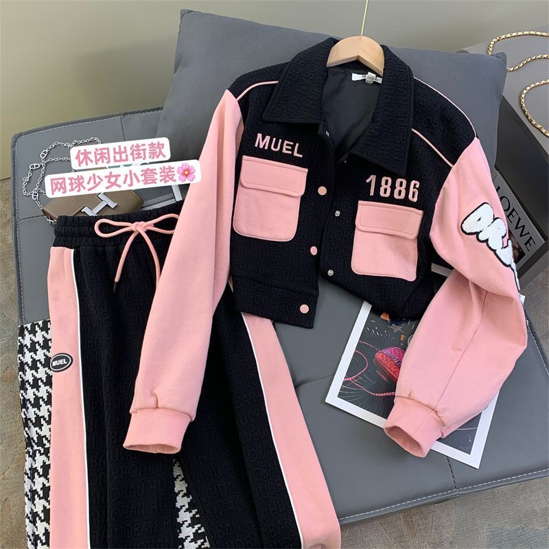 American Spice Girls College style leisure suit women's autumn fried street short style baseball suit sports wide-leg trousers two-piece set