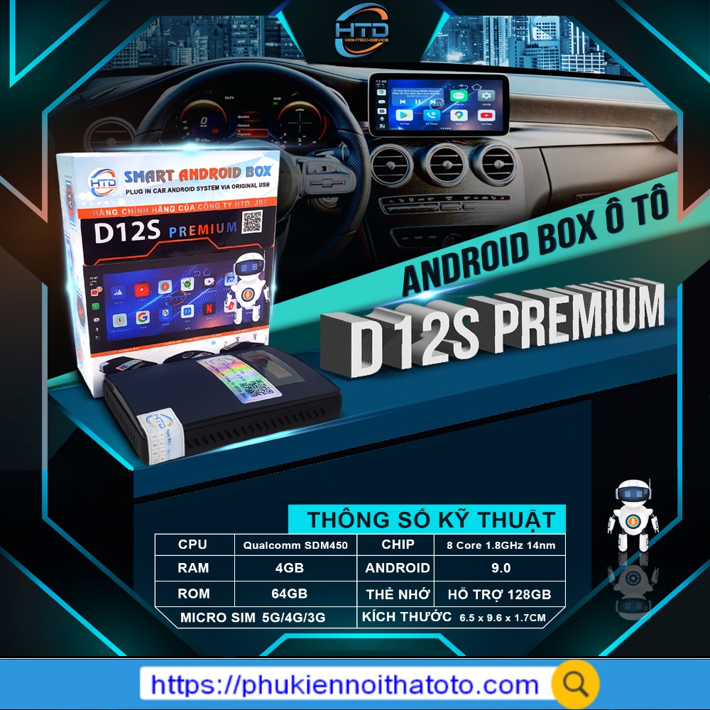 Android Box Cho ô tô HTD D12S Premium - Kèm Vietmap S2 - Sim 4G