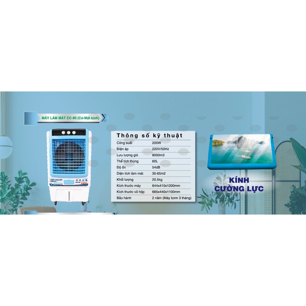 Quạt làm mát bằng hơi nước điều hoà 60 lít CC80 cơ 2022 /động cơ lõi đồng/ (Đá khô trên)