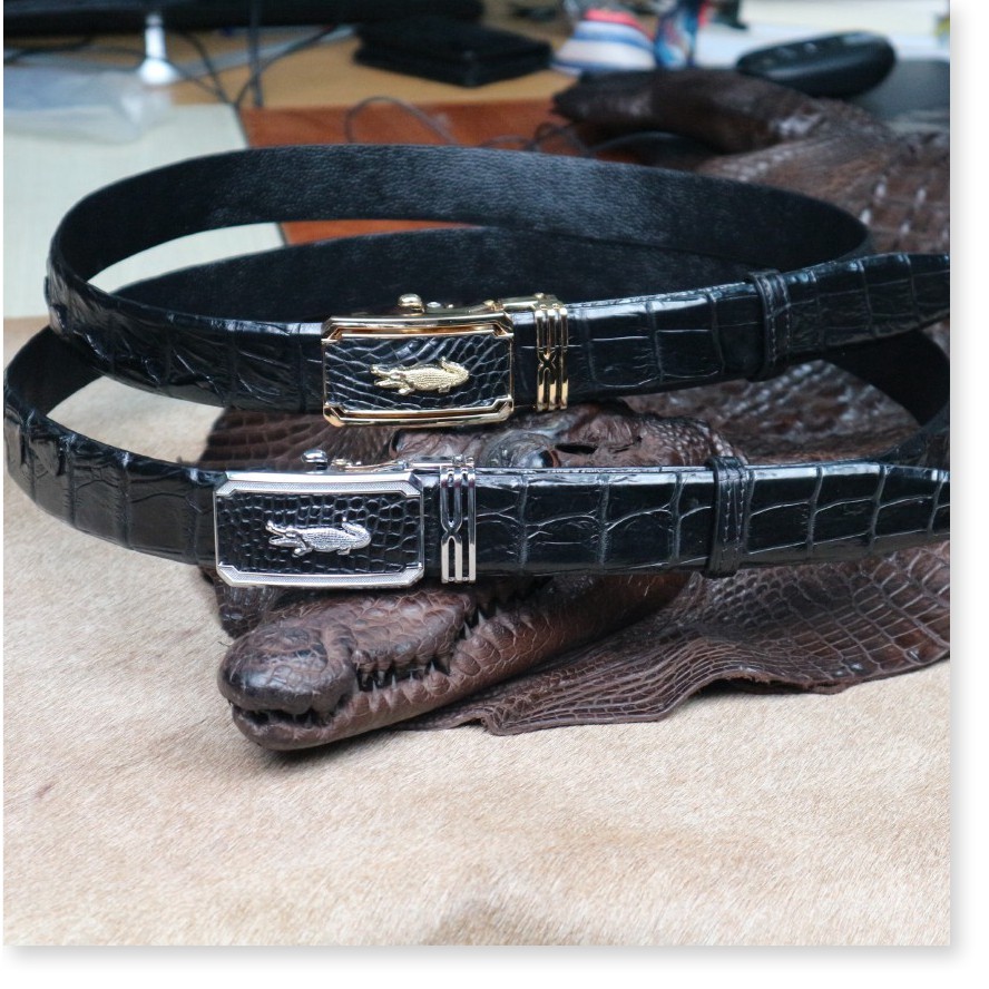 Dây nịt nam - Thắt lưng da cá sấu Konavis cao cấp bản nhỏ liền nguyên con màu đen làm từ gai lưng cá sấu - CB01-01G
