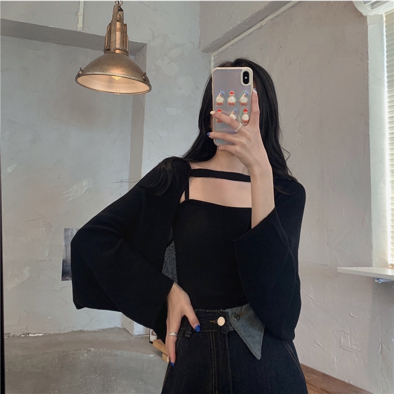 Set Áo Khoác Cardigan Dài Tay Form Rộng Và Áo Hai Dây Thiết Kế Mới Thời Trang Mùa Thu Dành Cho Nữ