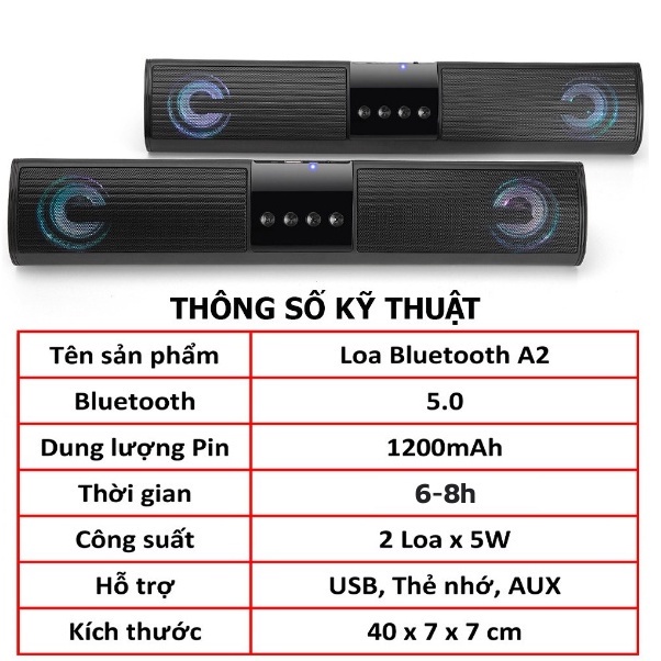 Hàng Cao Cấp - Loa Bluetooth Không Dây A2 Âm Thanh Hay, Bass Mạnh -  Dáng dài 2 loa cực đỉnh, kiểu dáng sang trọng, Đèn.