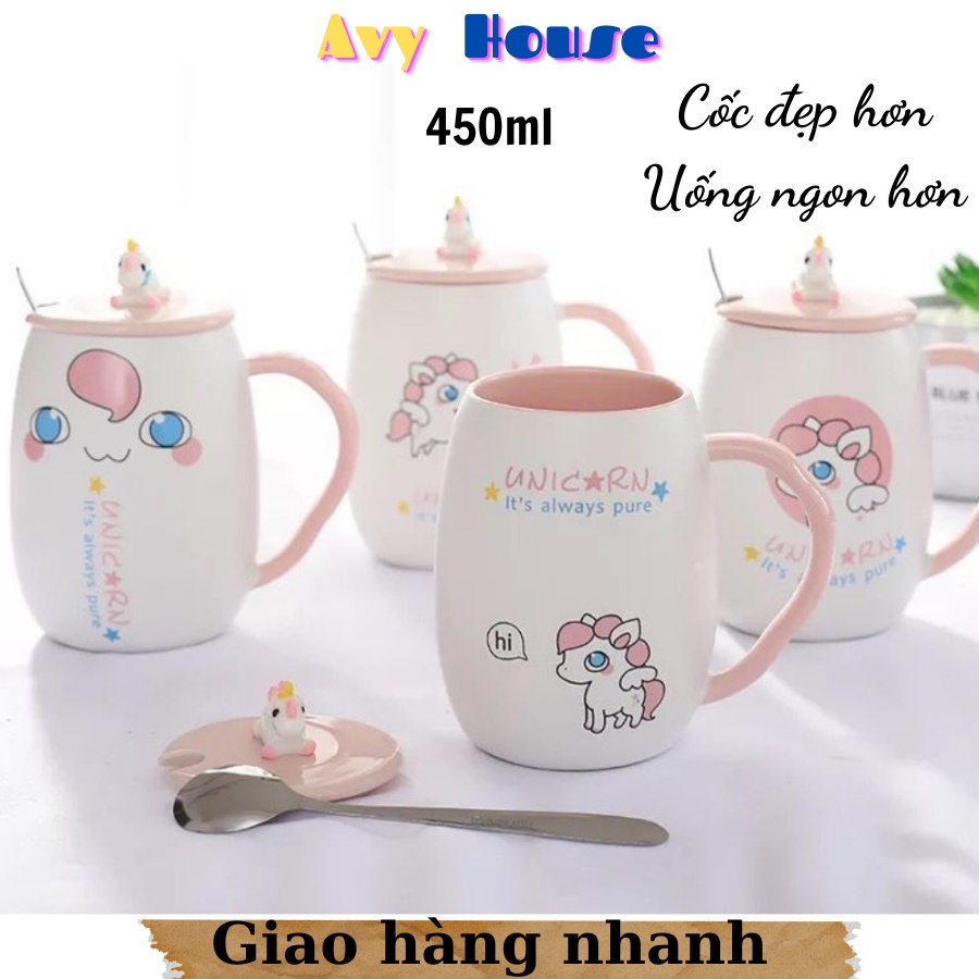 Cốc/ ly sứ uống nước pha trà, cafe có nắp tặng kèm thìa họa tiết kỳ lân cute đáng yêu