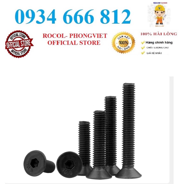 Set 50 cái và 10 cái M6 Bulong lục giác chìm đầu bằng M6 thép mạ cấp bền 10.9 M6