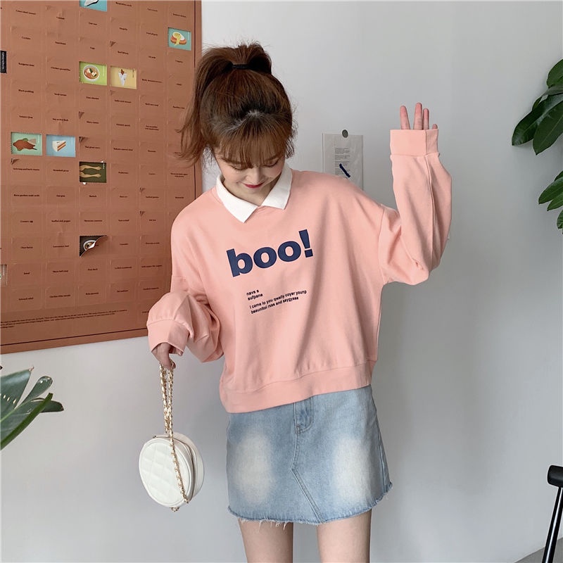 Women's Fleece-Lined Winter Sweater New Long-Sleeved T-shirt Student Korean Style Boyfriend Loose Short Insfashion Fake Two-Piece Top Clothes
