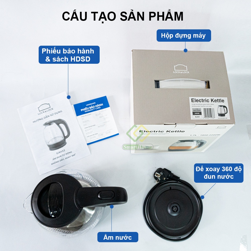 Ấm Siêu Tốc Thủy Tinh LocknLock  1.7L Không Bám Cặn Cách Nhiêt - Smart House