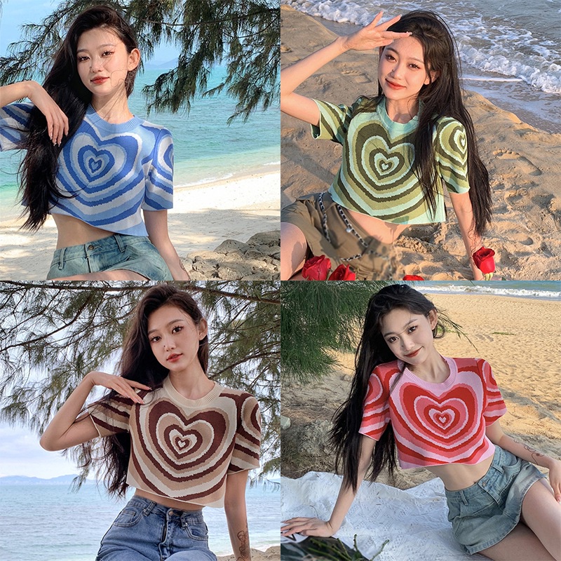 Áo Thun Dệt Kim Tay Ngắn Cổ Tròn In Hình Trái Tim Thời Trang Dành Cho Nữ