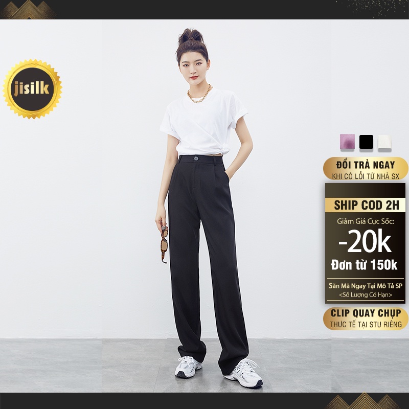 Quần ống suông jisilk rộng đứng form nữ baggy lưng cao màu đen Love-ya T.QDA-02