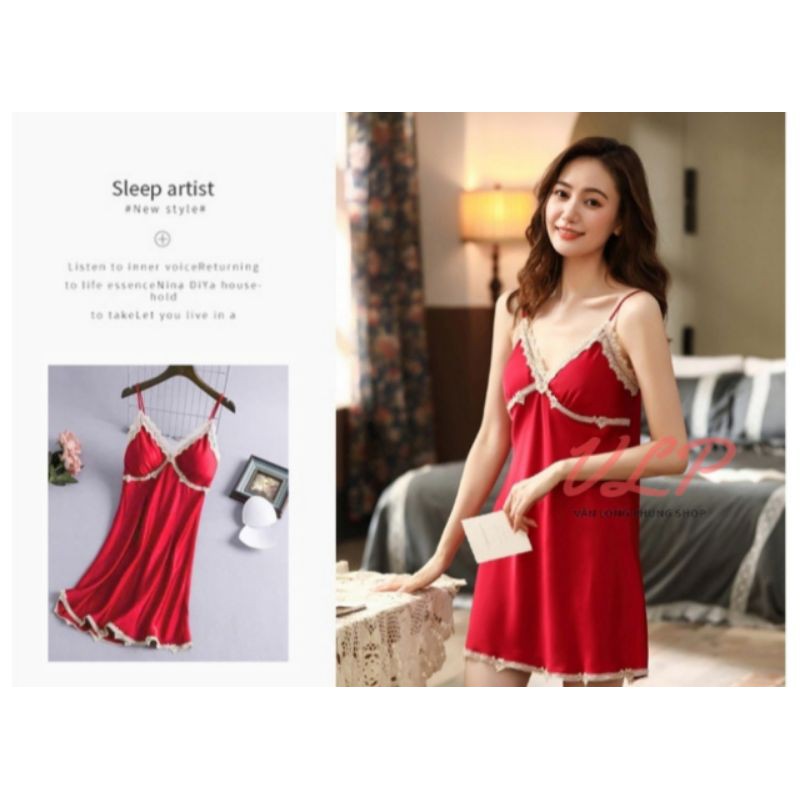 [CÓ MÚT NGỰC]_DN45_Váy ngủ lụa viền ren hoa