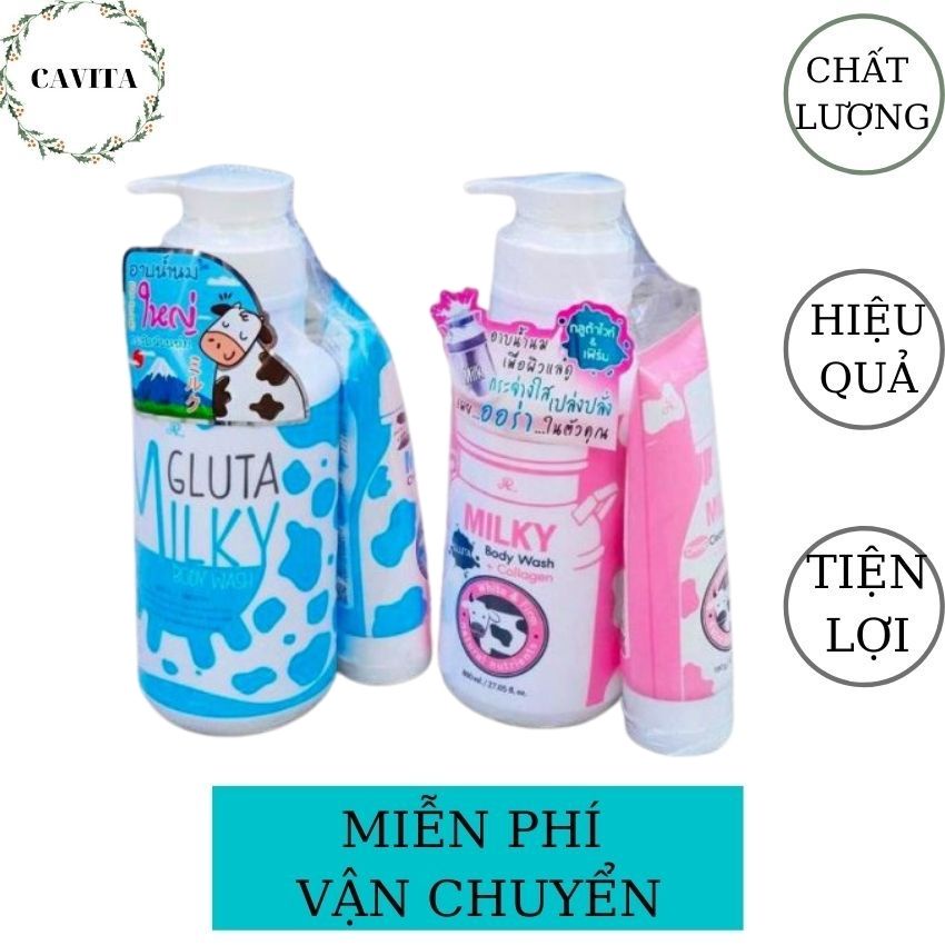 Sữa Tắm Trắng Da Gluta Milky Thái Lan 800ml Tặng Sữa Rửa Mặt 190ml CAVITA, Mềm Mịn Da, Thơm Lâu, Trắng Da