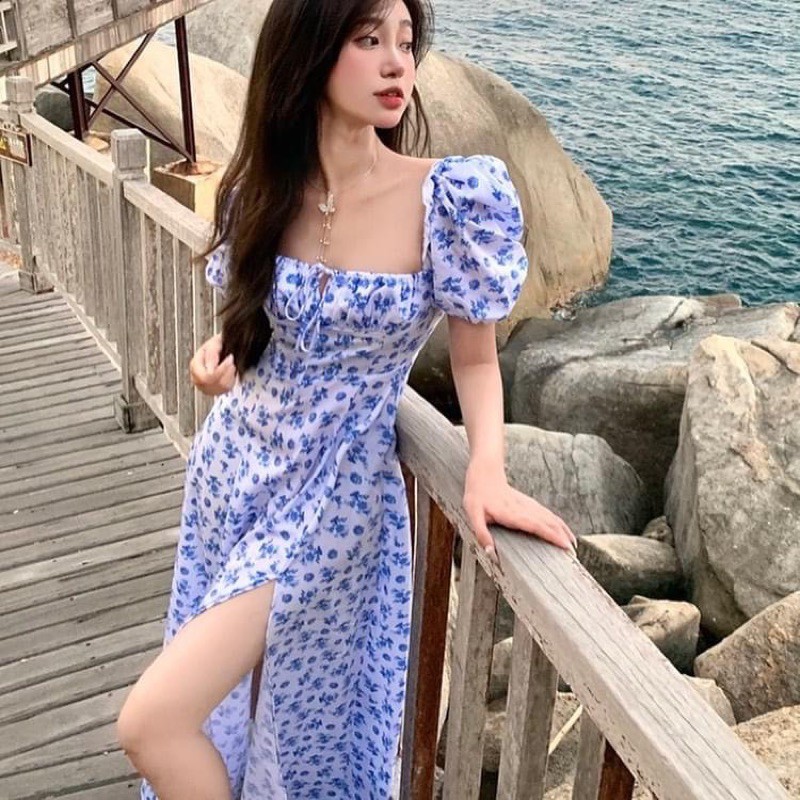 Đầm maxi xẻ hoa xanh dài đi biển | BigBuy360 - bigbuy360.vn