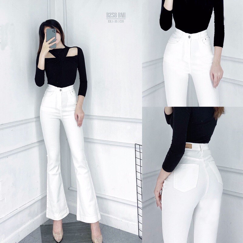Quần Jean Ống Loe Lưng Cao Trắng Đen Co Giãn - 532