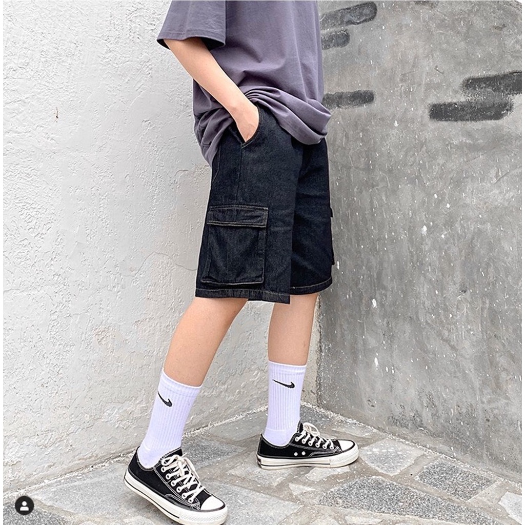 Quần Đùi Jean Túi Hộp Nam Nữ Lưng Thun Thời Trang Đường Phố Cao Cấp LAYLOW Unisex