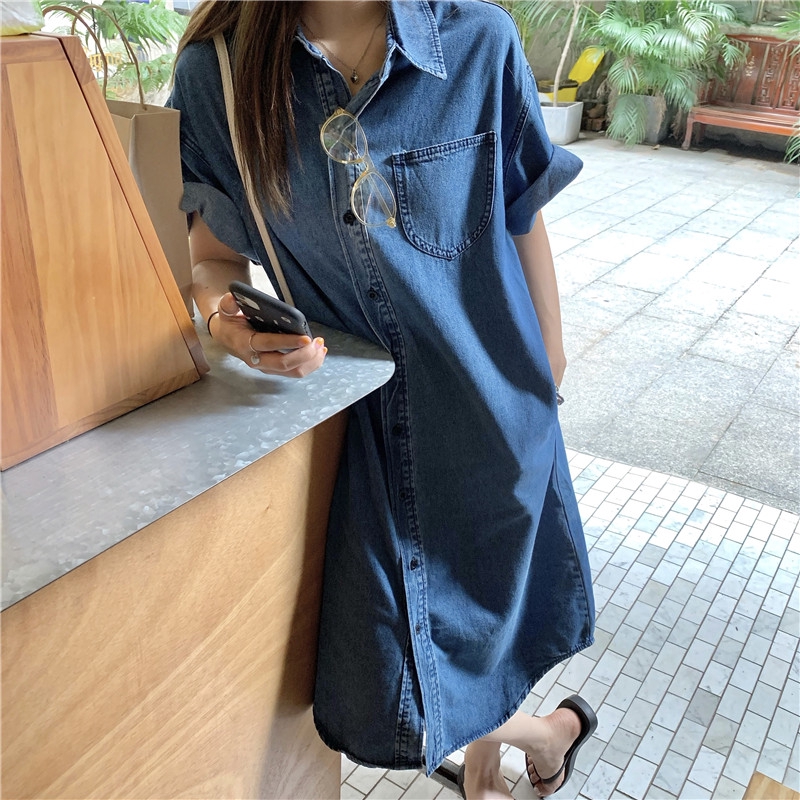 Đầm Denim Dáng Dài Phối Hàng Nút Phong Cách Retro