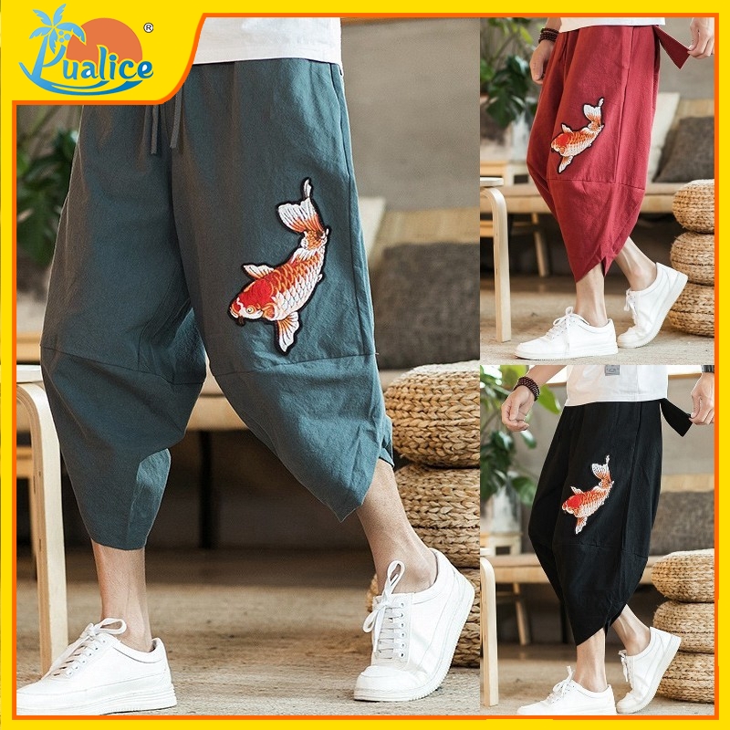 Chinese style wide-leg beach pants cropped trousers bloomers plus size retro men's trousers casual pants