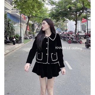 Set áo nhung viền ren kèm chân váy xếp ly nhung