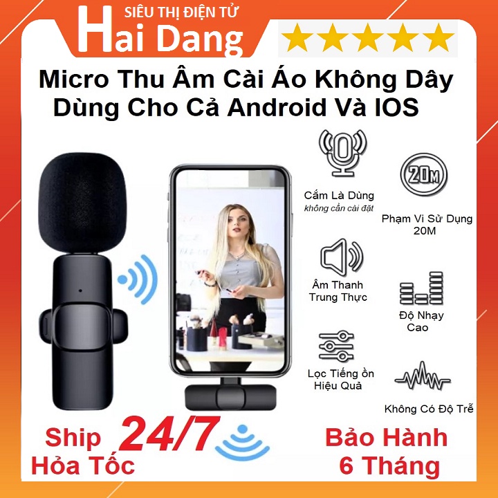 Micro Thu Âm Không Dây Cài Áo, Lọc Tiếng Ồn, Thu Xa 20M, Dùng Cho Điện Thoại Android/IOS - Livestream - Quay Vlog