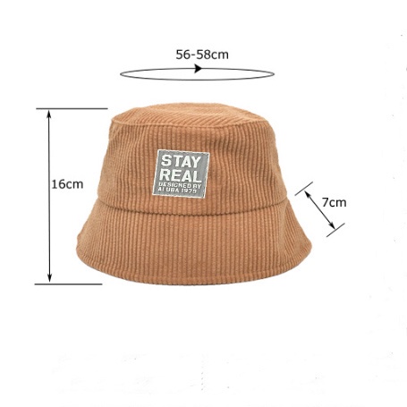 Mũ bucket vành cụp, nón tai bèo thêu tem STAY REAL chất nhung tăm cao cấp trơn nhiều màu unisex