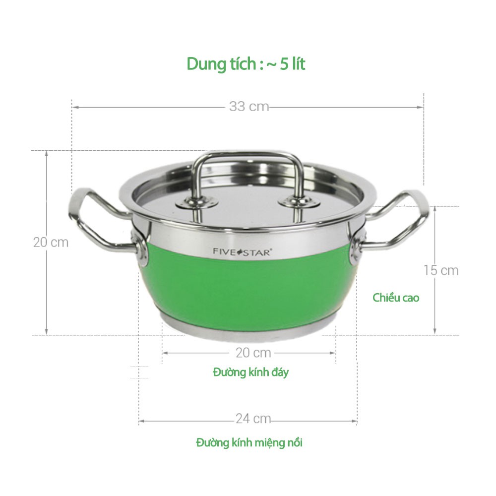 Nồi inox 430 FIVESTAR 3 đáy quai vuông màu xanh lá - Lá FSB3025 - Hàng Chính Hãng, Bảo Hành 5 năm 16/20/24cm