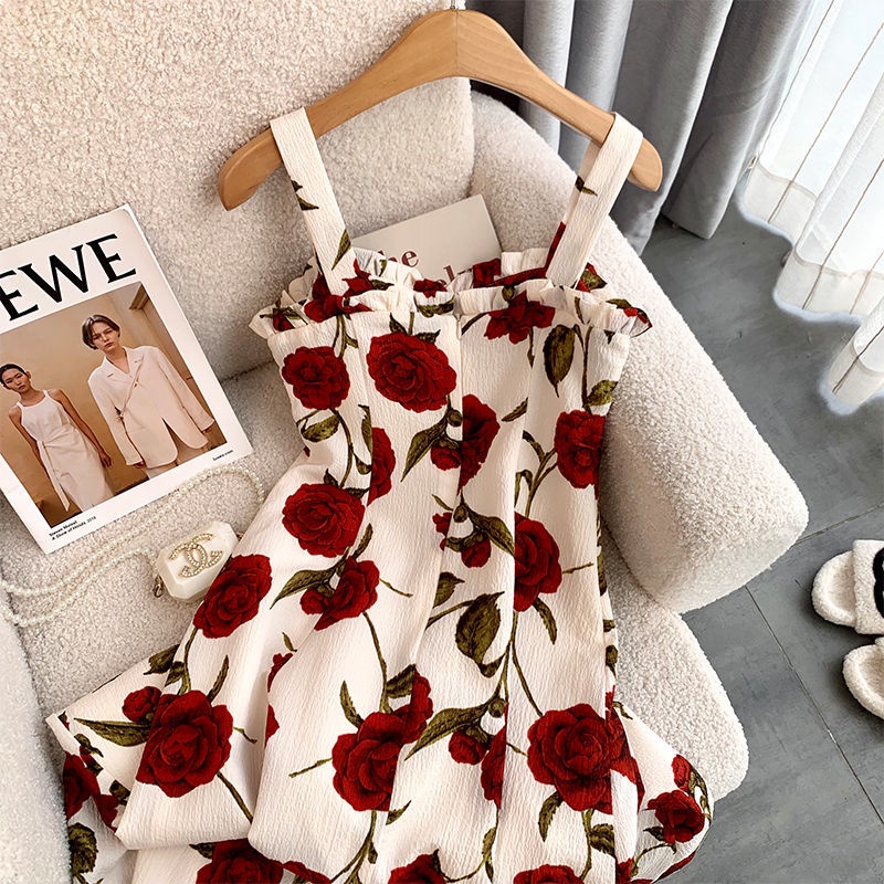 Đầm Hai Dây Dáng Ôm In Họa Tiết Hoa Hồng Thời Trang Mùa Hè Hàng Mới Quyến Rũ Cho Bạn Gái