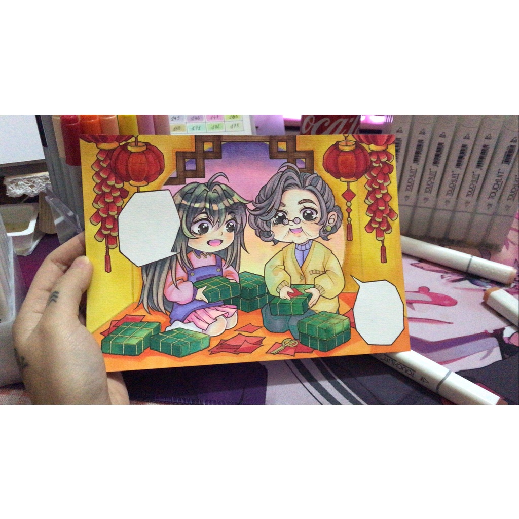 Postcard tô màu Self Art &quot;Chibi chúc tết&quot; của @LacLuuLy, giấy vẽ 300gsm, coldpress hạng họa sĩ