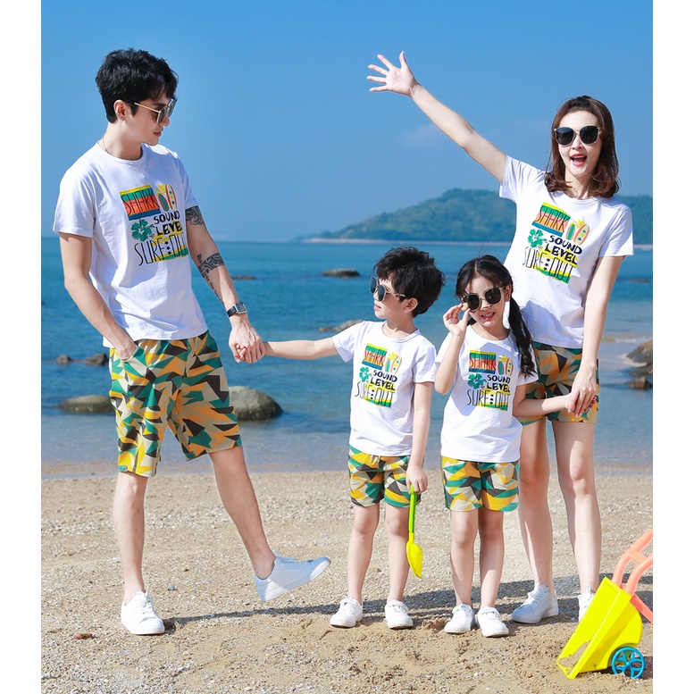 Đồng phục đi biển Familylove - Bộ Quần Áo đồng phục gia đình đi biển mẫu Shark Sound Level Sure Out