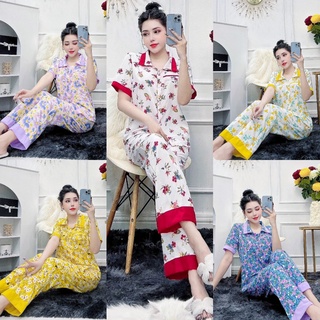 Đồ ngủ pijjama tay ngắn quần dài vải lụa hàn họa tiết hoa văn siêu xinh freesize dưới 57kg