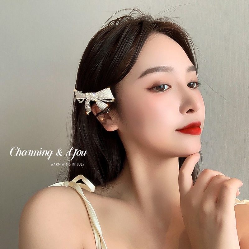 Kẹp Tóc Hình Nơ Đính Ngọc Trai Lấp Lánh Phong Cách vintage Hàn Quốc