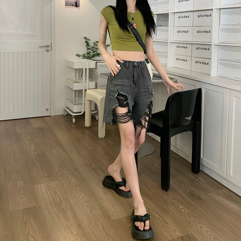 Quần Lửng Denim Rách Lưng Cao Ống Rộng Thời Trang Dành Cho Nữ