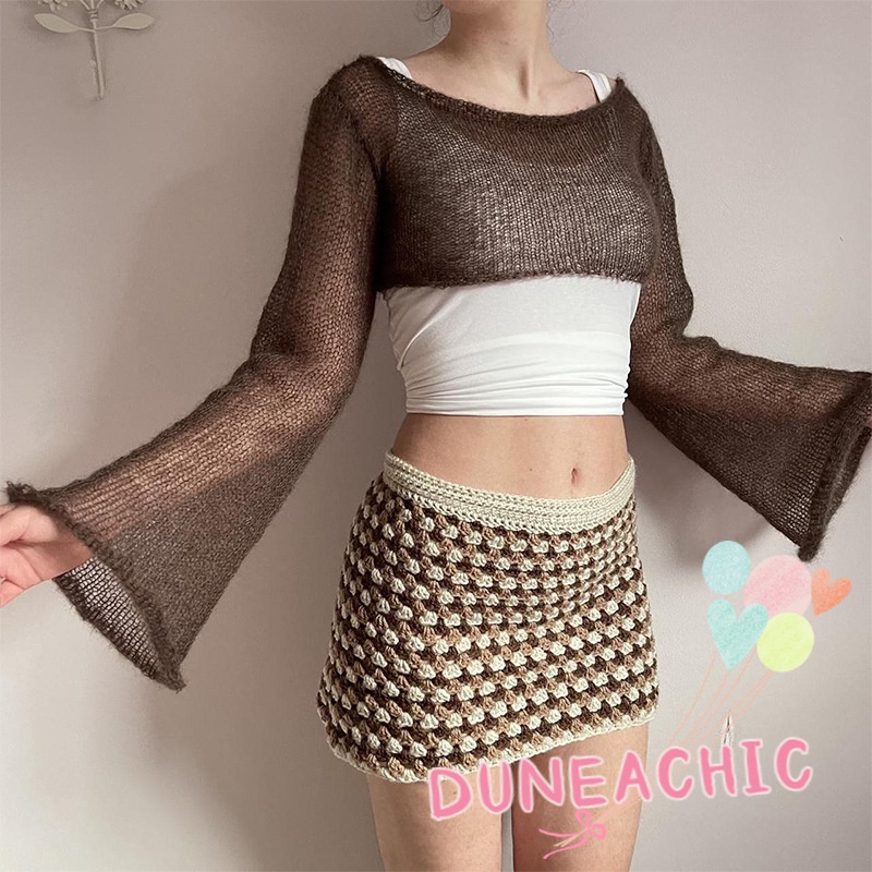 DUNEA Áo croptop dệt kim tay loe thiết kế xuyên thấu thời trang dành cho nữ