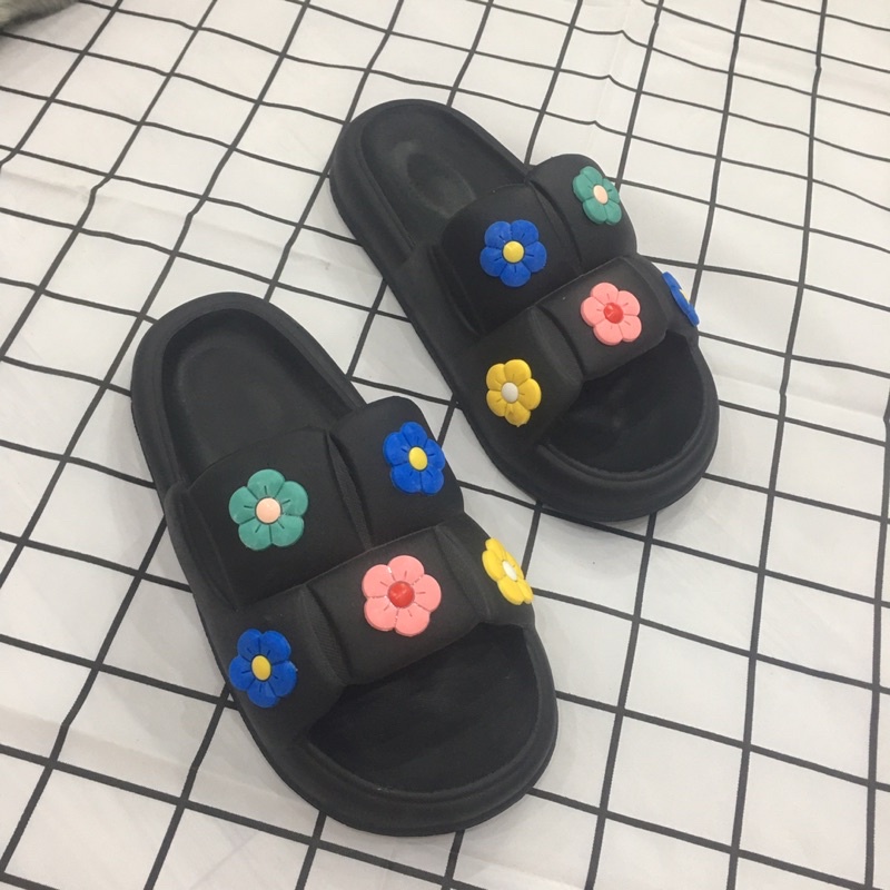 Dép Bánh Mì Đế Cao Sticker Hoa, Dép quai ngang nữ eva cao cấp không thấm nước.