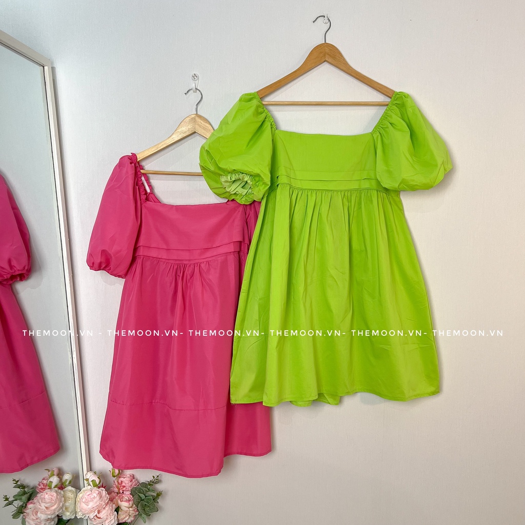 Đầm babydoll tay phồng nơ lưng tự điều chỉnh 2 màu hồng và xanh lá