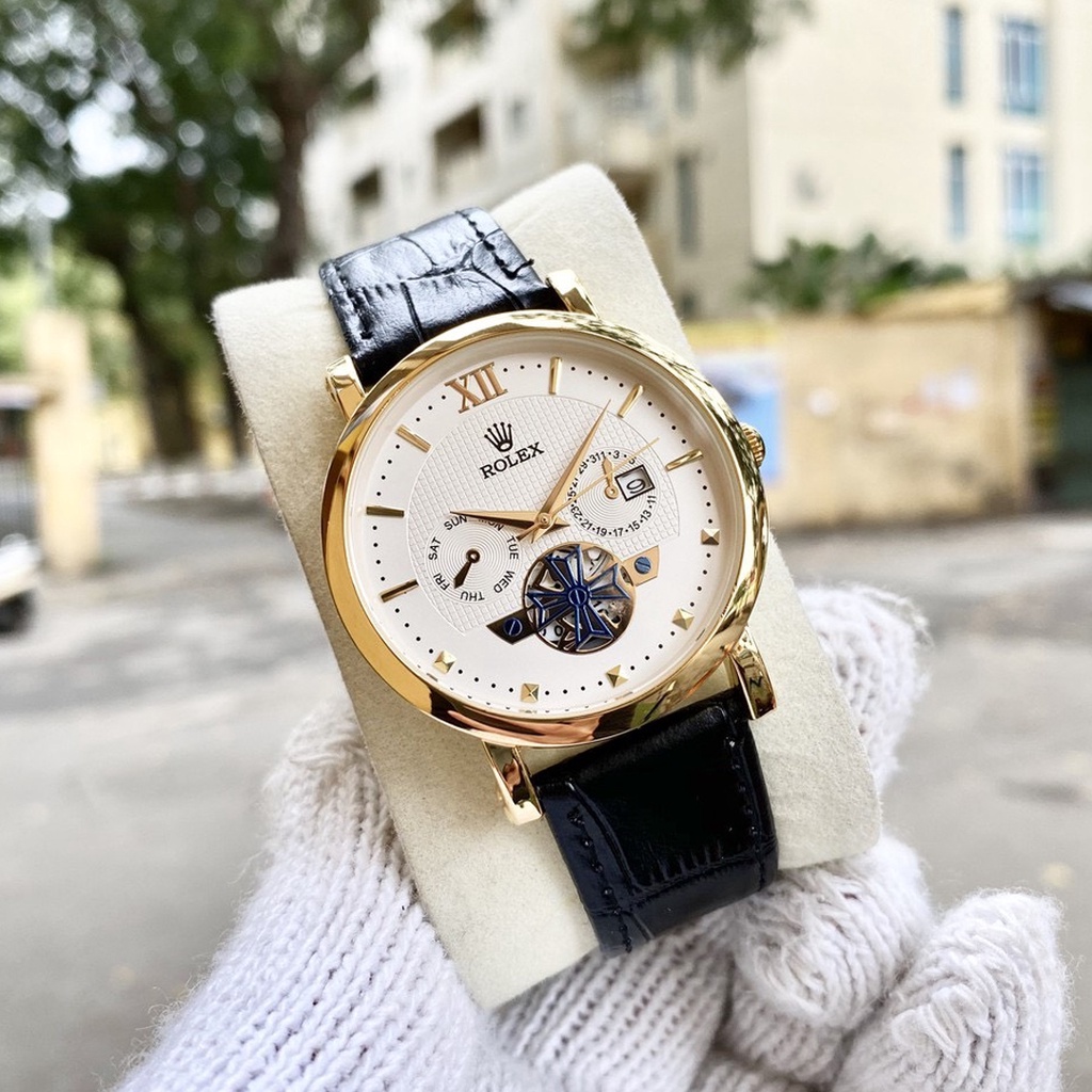 Đồng Hồ Nam Rolex - Đồng Hồ Nam Dây Da Kim Vạch La Mã Viền Thép Chống Gỉ