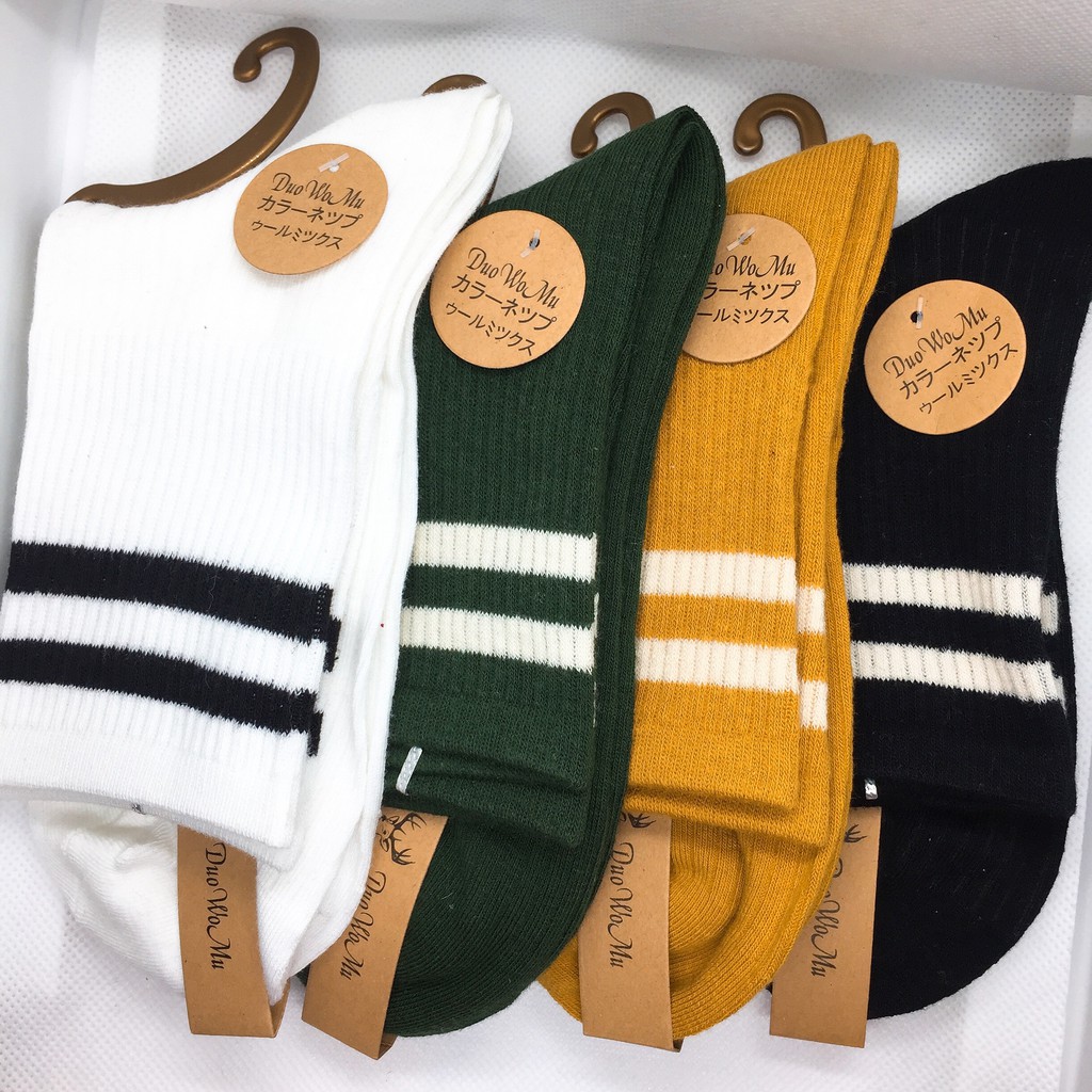Tất nữ cổ trung sọc trên cá tính, vớ nữ thể thao chất cotton có dãn thoáng khí thời trang Hàn Quốc