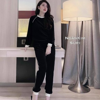 bộ đồ nữ thu đông chất nỉ nhung bo viền xinh xắn