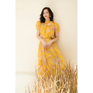 Đầm maxi hoa vàng cổ nơ -HBV1132