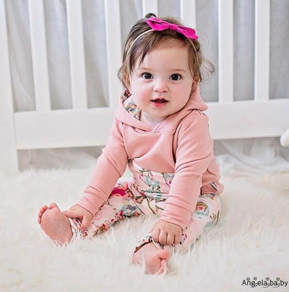 Set đồ mùa thu 2 món gồm áo nỉ tay dài có túi và mũ trùm đầu + quần dài in hoa cho bé gái 3 tháng tuổi-3 tuổi