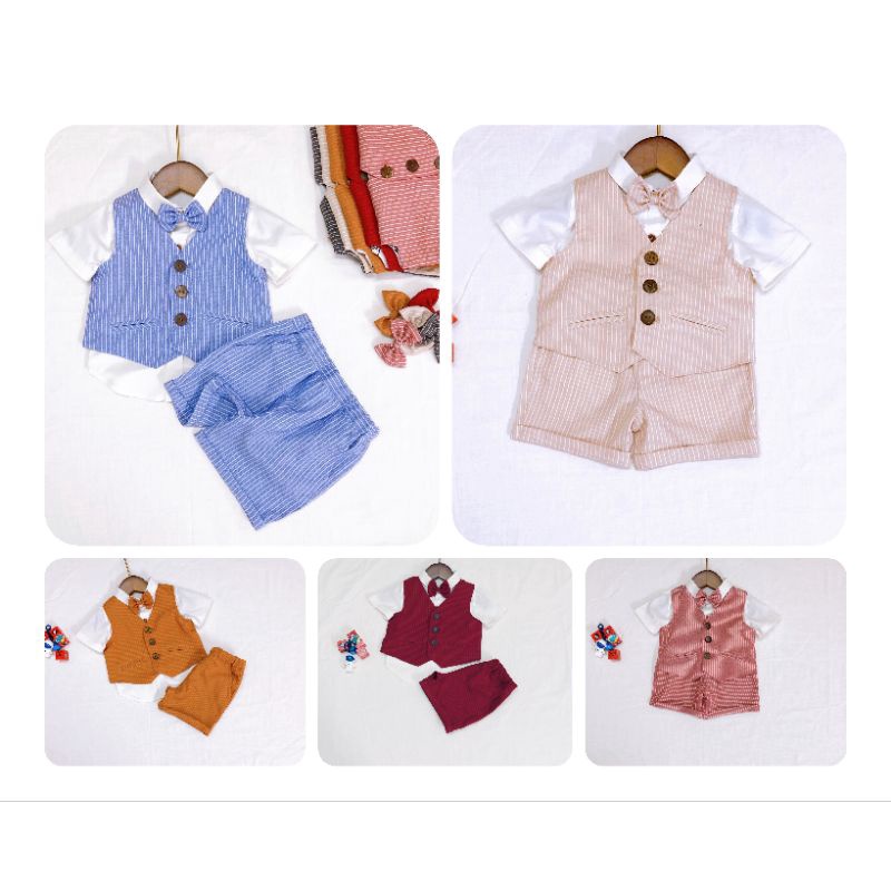 Bộ yếm vest gile công tử đầy tháng thôi nôi vải sọc mềm bé trai 5-14kg