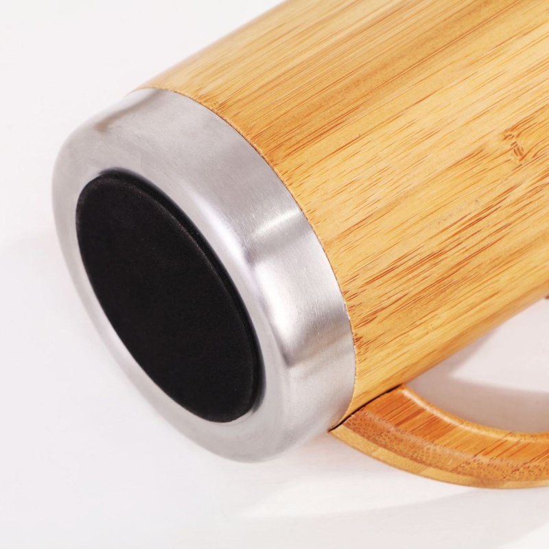 ✿ Cốc Du Lịch Bằng Thép Không Gỉ Tay Cầm Bằng Tre Có Nắp Chống Văng Cho Nam Và Nữ #