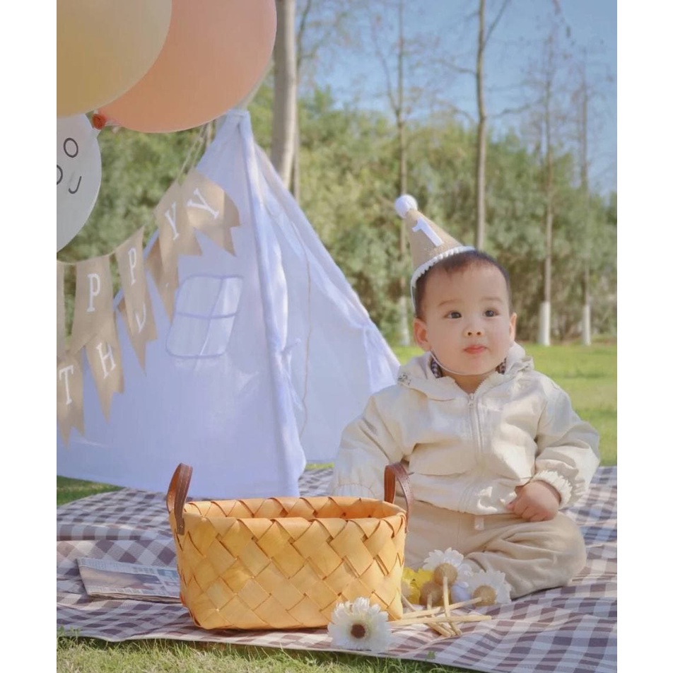 Mũ sinh nhật kiểu Hàn Quốc cho bé 1 tuổi 2 tuổi 3 tuổi, mũ cói thôi nôi phong cách Hàn Quốc